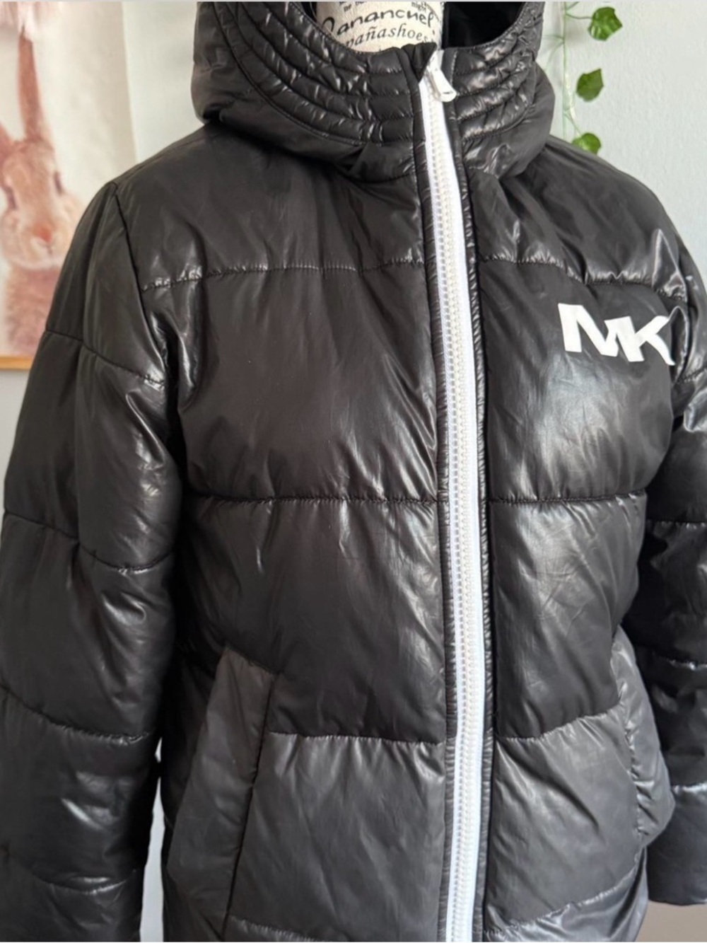Michael Kors Black Puffer Jacket with White Zip Accent size S